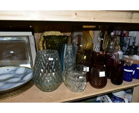 A QUANTITY OF CONTEMPORARY VASES, MIRRORS, FRAMED PRINTS AND SUNDRY HOMEWARES, many as new, to include ten coloured and clear