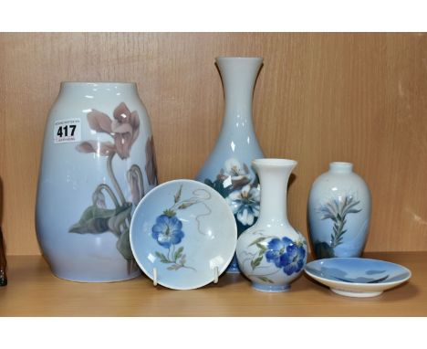 SIX PIECES OF ROYAL COPENHAGEN PORCELAIN, comprising four vases with floral decoration: numbers 53/57, 254/1224 (has been dri