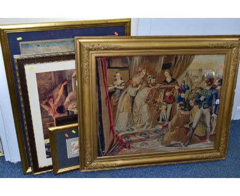 A FRAMED VICTORIAN TAPESTRY AND PRINTS, tapestry depicts a king on his throne remonstrating with two kneeling figures, approx