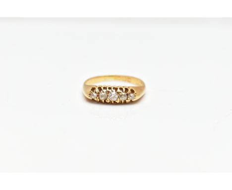 AN 18CT GOLD DIAMOND RING, a yellow gold boat ring, set with five old cut diamonds in a prong setting, approximate total diam