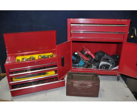 A ROLLING TOOLBOX with hinged top, six draws above two doors containing various tools to include screwdrivers, holepunch set,