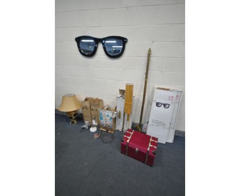 A SELECTION OF LIGHTING, to include a pair Argos home mustard column lamps, a pair of marble and brass table lamps, a ceramic