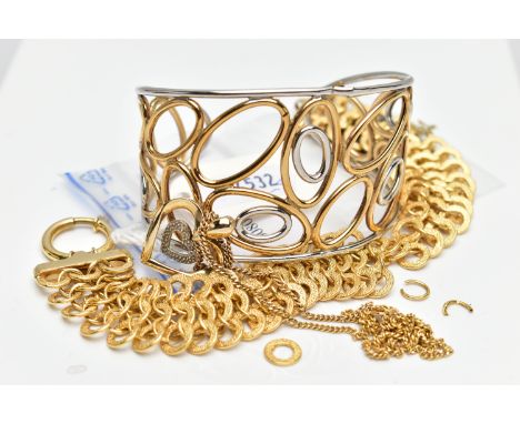 AN ASSORTMENT OF 9CT GOLD JEWELLERY, to include a yellow gold fancy link bracelet AF, fitted with a large spring clasp, hallm