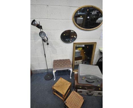 A SELECTION OF OCCASIONAL FURNITURE, to include a modern bevelled edge wall mirror, a gilt framed oval wall mirror, and anoth