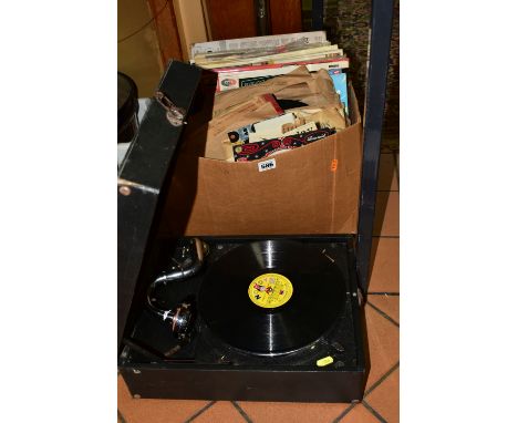 ONE BOX OF RECORDS, 78S, LPS, 45S TOGETHER WITH A GRAMOPHONE RECORD PLAYER, comprising a HMV 1920s wind up portable gramophon