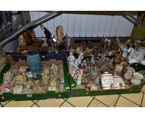 FIVE BOXES OF ASSORTED ORNAMENTS AND FIGURINES to include a ceramic garden ornament of a classical couple, height 69cm, two g