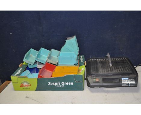 A TRAY CONTAINING THIRTY WORKSHOP BINS of various sizes and a Plasplugs Compact Plus tile cutter (PAT pass and working)