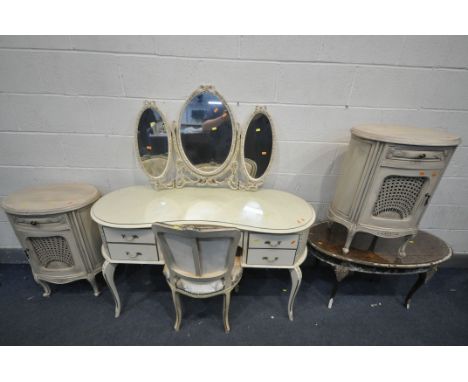 A CREAM PAINTED FRENCH DRESSING TABLE, with triple swing mirror, five assorted drawers, length 133cm x depth 51cm x height 14