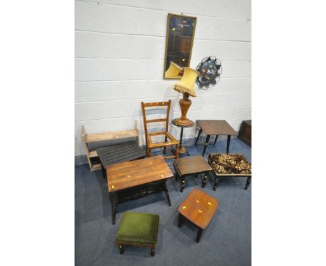 A SELECTION OF OCCASIONAL FURNITURE, to include a trestle occasional table, four other table, two chairs, two wall mirrors, t