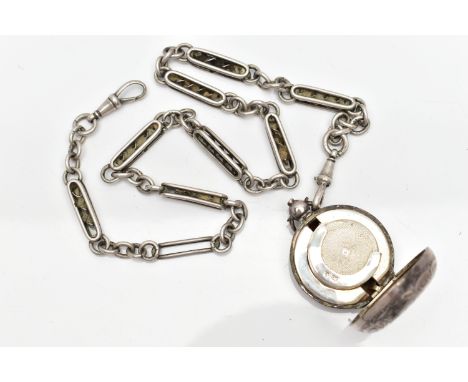 A SILVER SOVEREIGN CASE AND ALBERT CHAIN, circular sovereign case decorated with a floral and foliate pattern with a vacant c