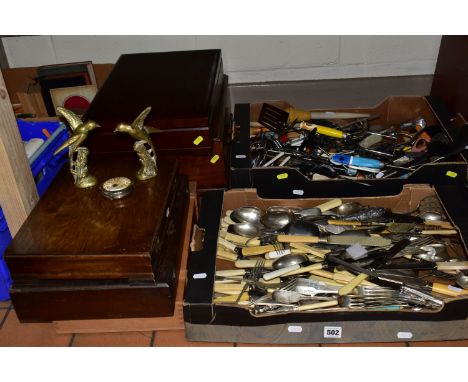 TWO BOXES OF CUTLERY AND KITCHEN WARE, to include five velvet lined wooden cutlery chests/canteens, EPNS butter knives, cake 