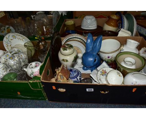 FOUR BOXES AND LOOSE CERAMICS, GLASS AND SUNDRY ITEMS, to include a forty piece Wedgwood Wheatear tea set, a large mid blue S