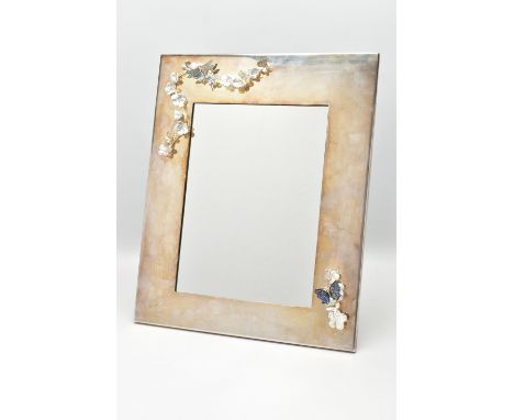 A 'MAPPIN &amp; WEBB' SILVER PLATED MIRROR, of a polished rectangular form, decorated with applied flowers, an enamel dragonf