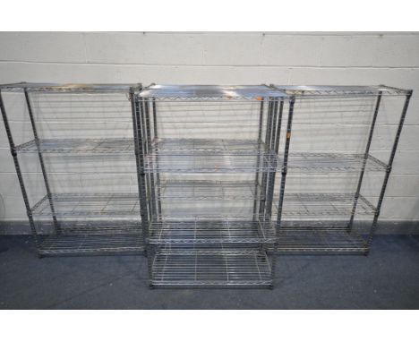 A SET OF FOUR CHROME FOUR TIER SHELVINGS UNITS, manufactured by 'shelf tech system', width 91cm x depth 36cm x height 138cm (