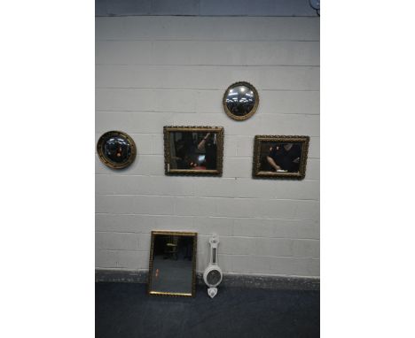 A FIVE VARIOUS GILT FRAMED WALL MIRRORS, to include a Regency style circular convex mirror, another convex mirror, three rect