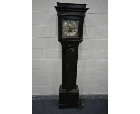 A GEORGIAN AND LATER OAK EIGHT DAY LONGCASE CLOCK, the hood enclosing a brass and silvered 10.5 inch dial, singed John Coates