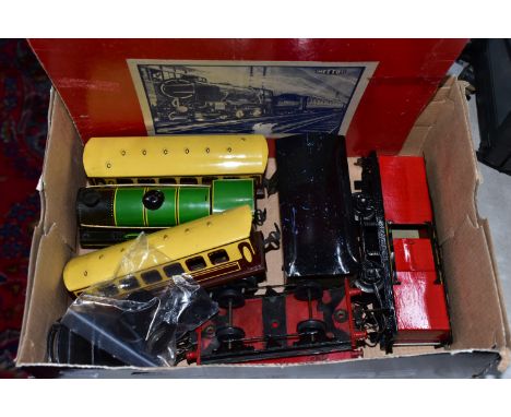 A QUANTITY OF UNBOXED AND ASSORTED O GAUGE MODEL RAILWAY ITEMS, to include Mettoy tinplate clockwork locomotive and tender, N