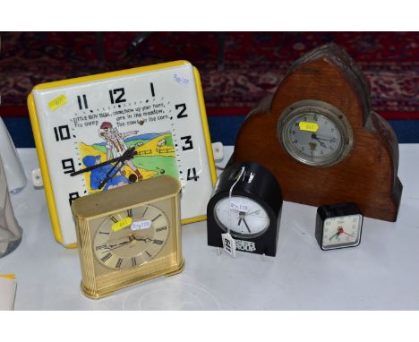 FIVE CLOCKS, comprising a square Art Deco Little Boy Blue wall clock with ceramic dial marked 'Foreign', a wooden cased Smith