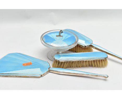 A FOUR PIECE SILVER GUILLOCHE ENAMEL VANITY SET, comprising of a hair brush, clothes brush, hand held mirror and a glass lidd