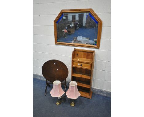 A CORONA PINE OPEN BOOKCASE, with a single drawer, width 44cm x depth 20cm x height 105cm, a pine wall mirror, an oak tilt to