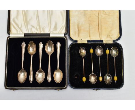 TWO PARTIAL SETS OF TEASPOONS BOTH CASED, the first comprising five silver teaspoons with tapered handle, hallmarked 'R R' Bi