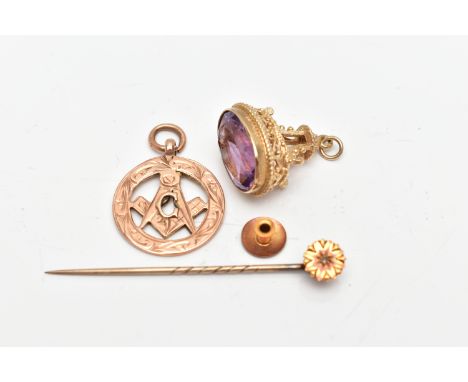 AN ASSORTMENT OF GOLD AND YELLOW METAL JEWELLERY, to include an Edwardian 15ct gold dress stud, hallmarked Chester 1902, diam