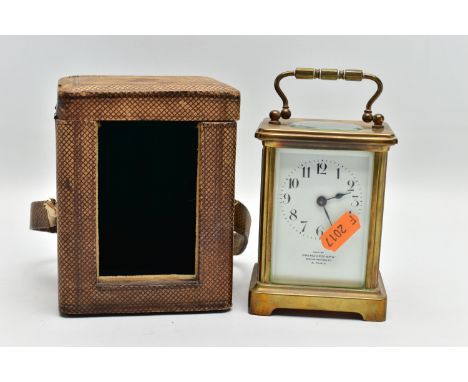 A CARRIAGE CLOCK WITH CASE, a brass carriage clock with glass viewing panels, white dial with Arabic numerals, signed 'sold b