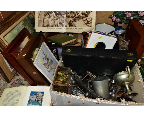 THREE BOXES OF METALWARE, BOOKS AND PICTURES, to include five framed pictures, a collection of 1930s books including The King