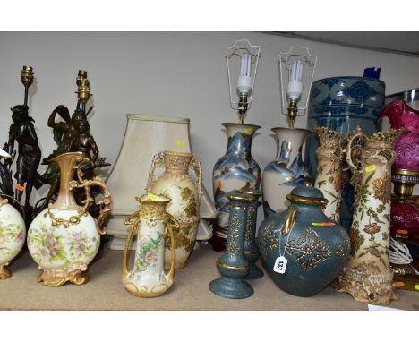 A GROUP OF SIX TABLE LAMPS AND VASES, comprising  three metal figural lamps, one figure is named 'Brise du Soir' Evening Bree