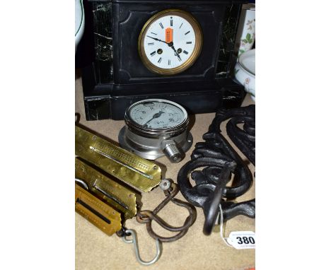 A LATE VICTORIAN BLACK SLATE MANTEL CLOCK, THREE BRASS SPRING BALANCE SCALES, ETC, the mantel clock with marble inserts to th
