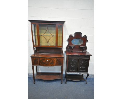 AN EDWARDIAN MAHOGANY AND BOX INLAID DISPLAY CABINET, made up of two tiers, the top section with single astragal glazed door,
