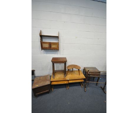 A MID CENTURY DANISH NEST OF THREE/COFFEE TABLE, a kidney shaped occasional table, a tall mahogany nest of three tables, anot