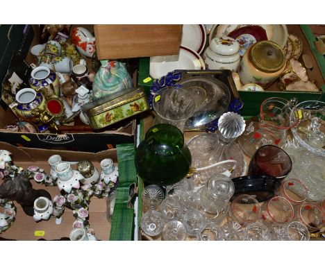 FOUR BOXES OF CERAMICS AND GLASSWARE, to include a Tudor Crystal  ship's decanter, an amethyst coloured art glass vase, heigh