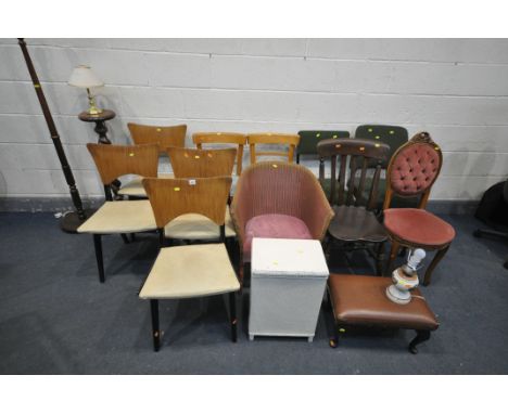 A QUANTITY OF VARIOUS CHAIRS, to include a set of four mid-century teak and ebonised chairs, two beech ladder back chairs, a 