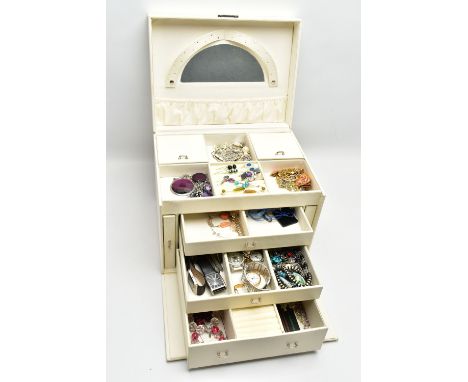 A LARGE CREAM JEWELLERY BOX WITH CONTENTS, multi storage jewellery box with mirror fitted to the interior of the lid, togethe