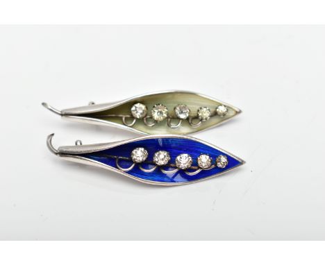 TWO 'ARTHUR JOHNSON' SILVER, LILY OF THE VALLEY BROOCHES, the first decorated with blue guilloche enamel, set with five circu