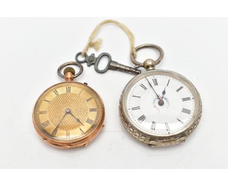 TWO OPEN FACE POCKET WATCHES, the first comprising a champagne circular dial, with Roman numeral markers, engine turned centr