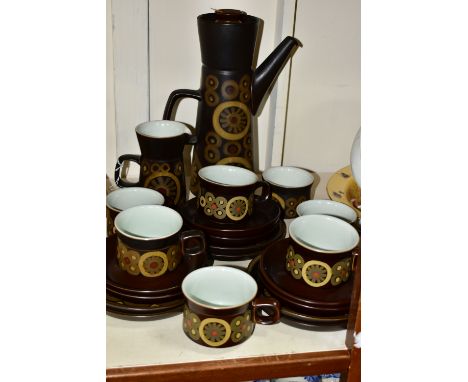 A TWENTY ONE PIECE DENBY ARABESQUE COFFEE SET, Denby Arabesque comprising a coffee pot, a milk jug, a sugar bowl, six tea pla