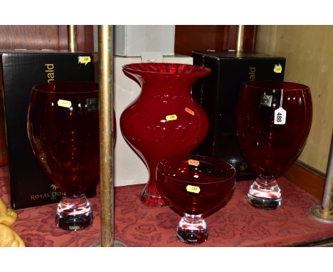 FOUR BOXED ROYAL DOULTON RUBY COLOURED GLASS VASES, including a pair of Julien Macdonald 'Ignite' vases, height 31.5cm, anoth