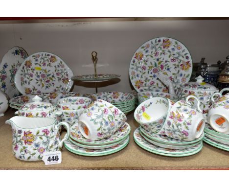 A MINTON 'HADDON HALL' PATTERN TEA AND PART DINNER SET,  comprising six dinner plates (one has a green spot of edging paint o