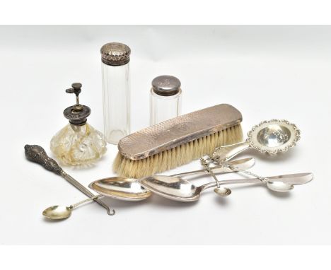 A BOX OF ASSORTED SILVER AND WHITE METAL ITEMS, to include a silver lined clothes brush with hammer effect detail and engrave