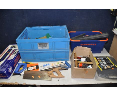 TWO TUBS CONTAINING TOOLS to include saws, screwdrivers, paint and paste brushes, cased multi-purpose magic saw, Am tech lase