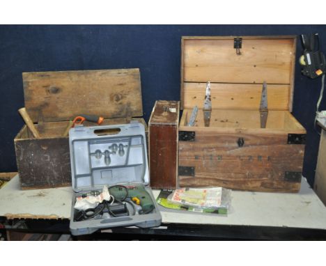 TWO BESPOKE WOODEN TOOLCHESTS to include chisels, screwdrivers, hammers, small tub of drill bits, a Bosch CSB420-E drill in o
