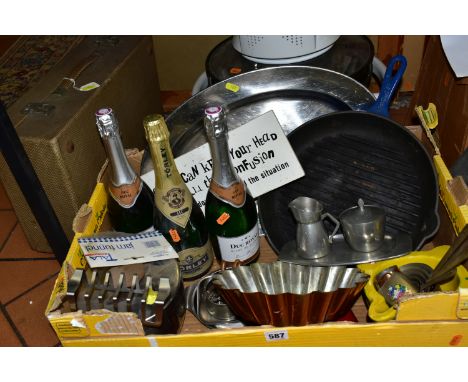 ONE BOX OF ASSORTED KITCHENWARE to include a small set of three pewter BM Norway tray 675/3, cream jug 675/1 and sugar bowl 6