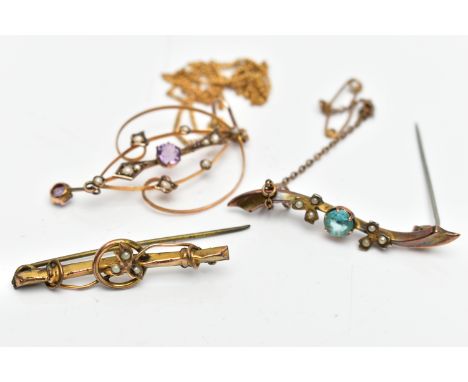 A COLLECTION OF EDWARDIAN JEWELLERY, to include a 9ct yellow gold purple paste and seed pearl pendant, suspended from a later