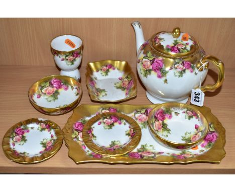 EIGHT PIECES OF ROYAL CHELSEA GOLDEN ROSE PATTERN TEA WARES, comprising a teapot, a sandwich plate, two sugar bowls, a rectan