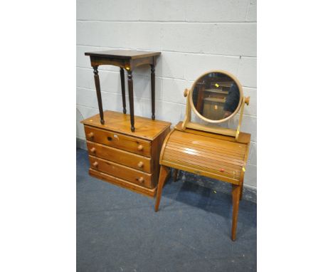 A PINE CHEST OF THREE DRAWERS, width 82cm x depth 39cm x height 65cm, a mid-century 'Pennine' beech roll top child's desk, a 