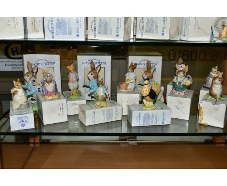 THIRTEEN BOXED BESWICK AND ROYAL ALBERT BEATRIX POTTER FIGURES MOST WITH CORRECT BOXES, comprising three Beswick centenary Pe