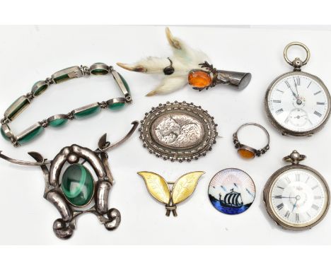 ASSORTED WHITE METAL JEWELLERY AND TWO POCKET WATCHES, the first a 'David Andersen' silver and enamel leaf brooch, stamped 'D