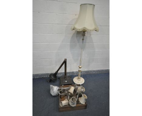 AN EARLY 20TH CENTURY MAHOGANY STANDARD LAMP, on a square base and claw feet (condition:-broken at the centre) a cream French
